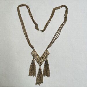 Sarah Coventry Vintage Tassel Multi Strand Gold Tone Geometric Necklace Boho